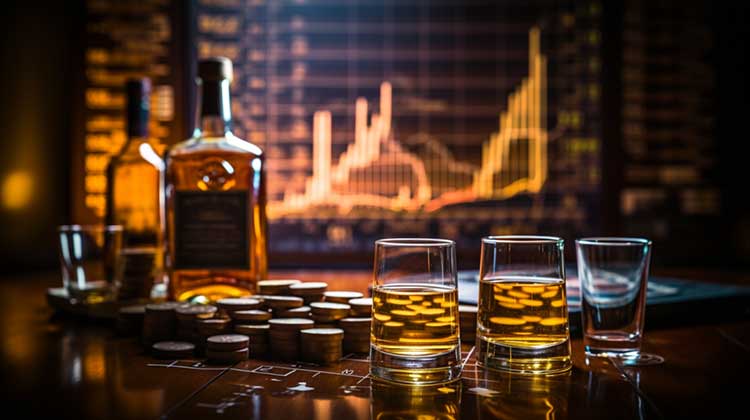 Stare butelki whisky, pieniądze i wykresy giełdowe